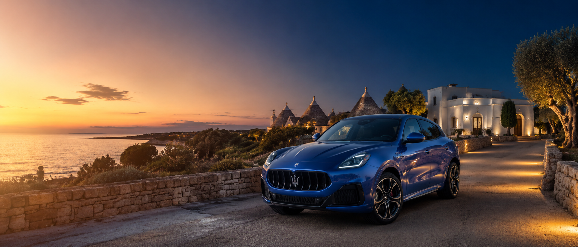 Maserati Grecale con trulli pugliesi al tramonto